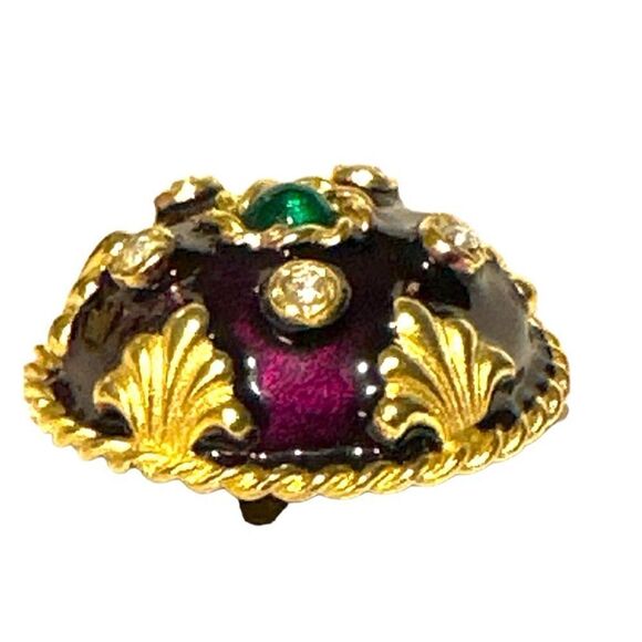 Vtg  GERARD YOSCA burgundy enamel gold plated round spherical clip earrings - Picture 5 of 8